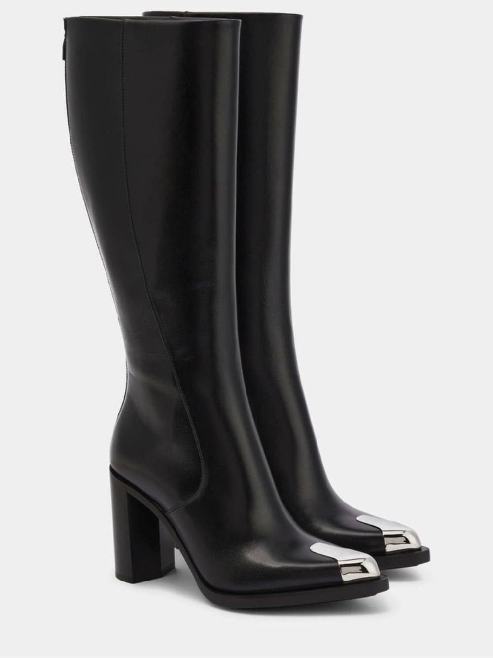 Alexander McQueen Black Knee-High Leather Boots with Silver Toe Detail